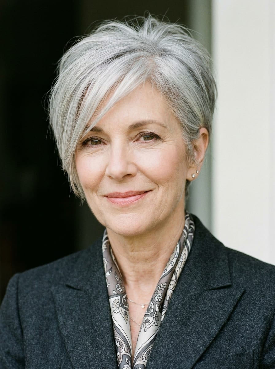 Soft Pixie mit längerem Pony - Graue Haare Frisur